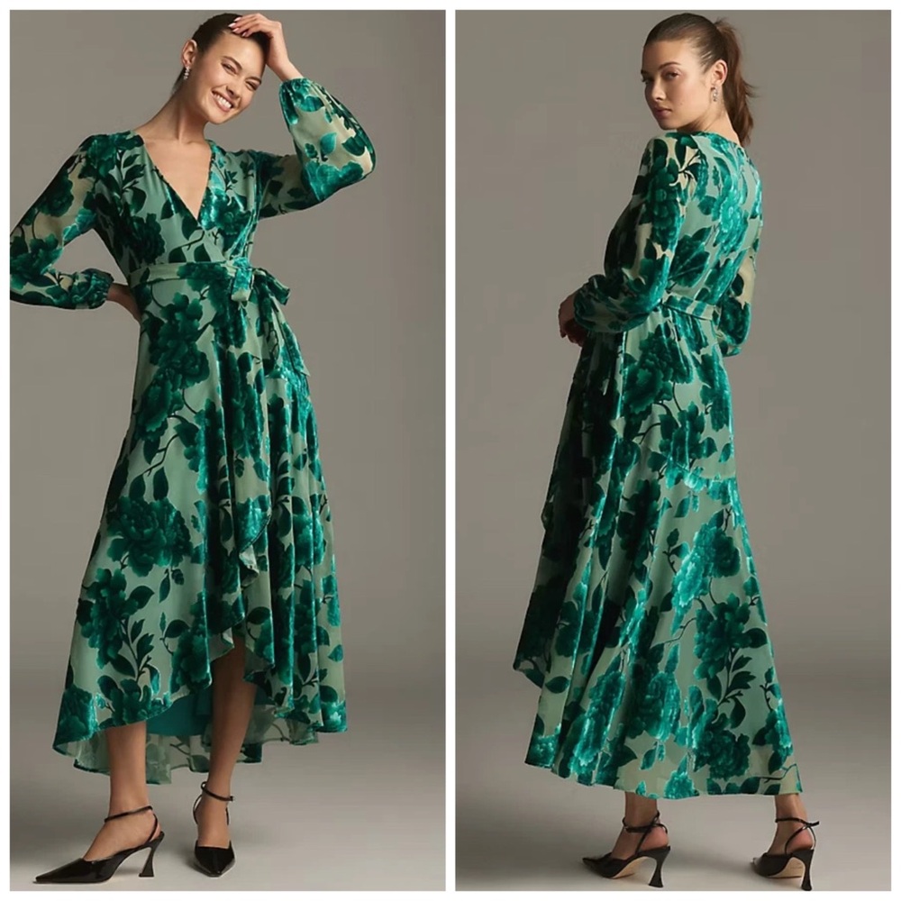 Anthropologie Hutch Velvet Wrap Dress Green Maxi Floral XS